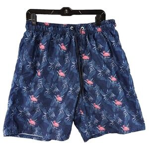 Beverly Hills Polo Club Navy Pink Flamingo Swim Trunks Short Drawstring Men's L‎